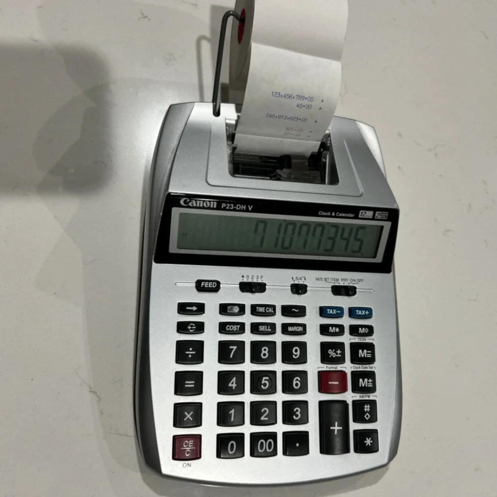 Canon P23-DH V Printing Calculator 12 Digit 2 Color Ink Business Tax Silver
